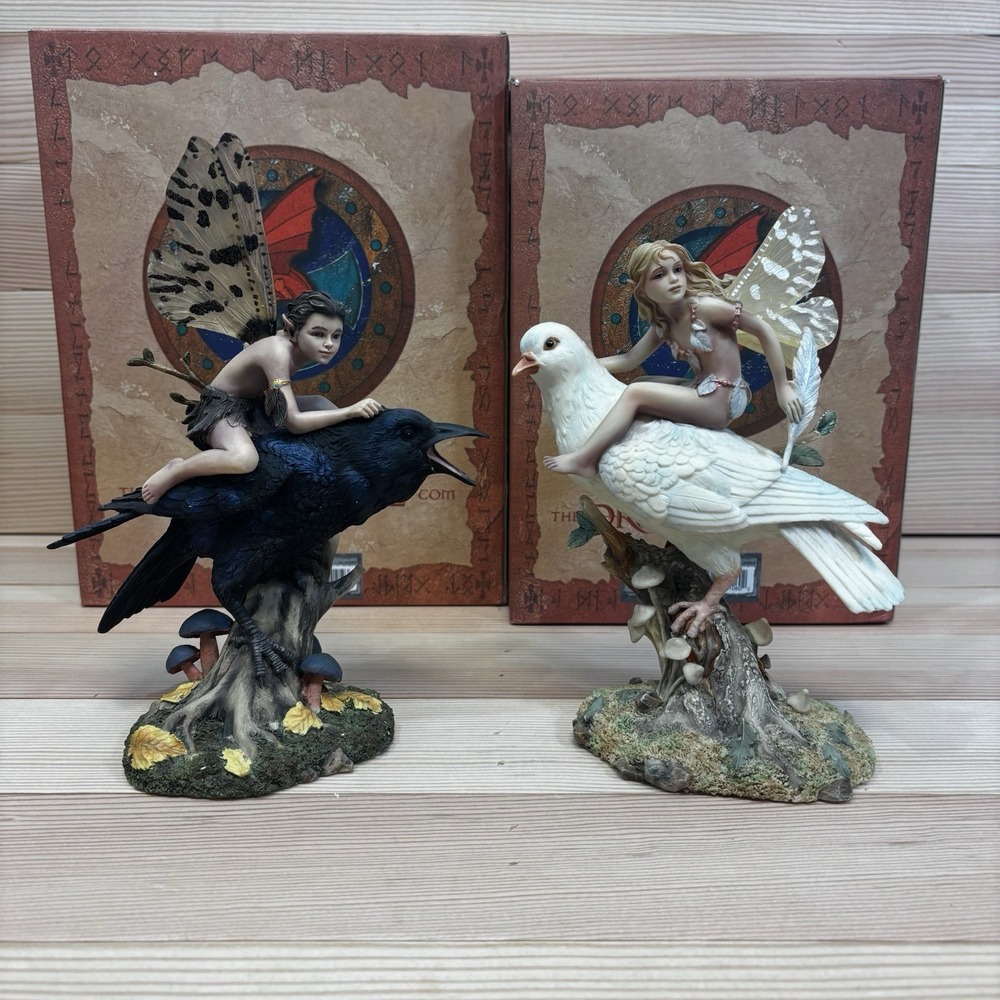Dragonsite Set of 2 Fairies Dusk And Dawn Fairy's On Birds With Box